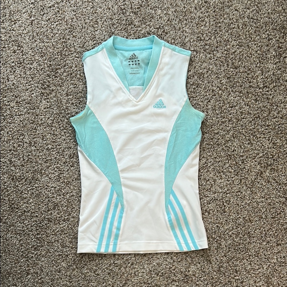 Adidas White and Light Blue Athletic Tank